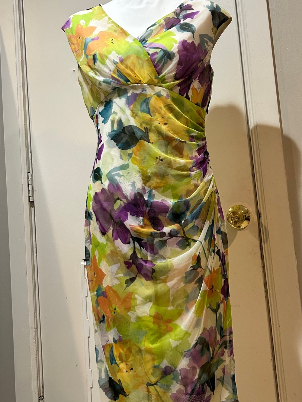 London Style Floral Wrap dress in Green, Purple & Orange